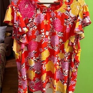 Bright Red Floral Ruffle-Sleeve Women's Blouse